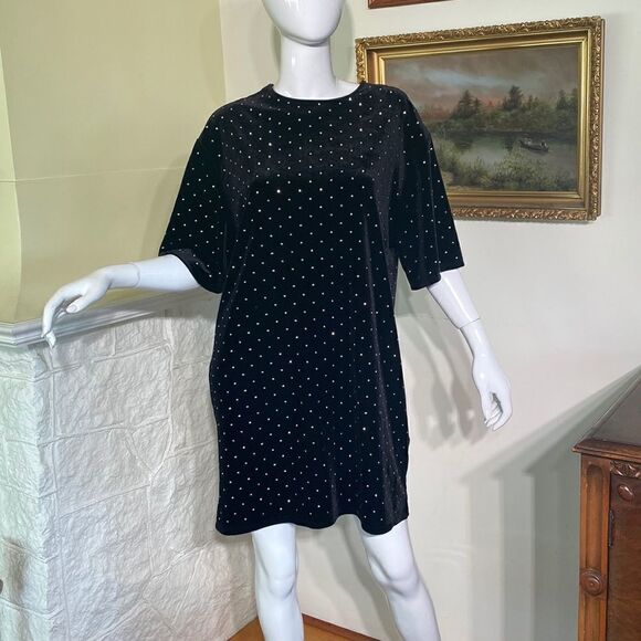 H&M Black Velvet Silver Studded Oversized T-Shirt Mini Dress - Picture 2 of 9